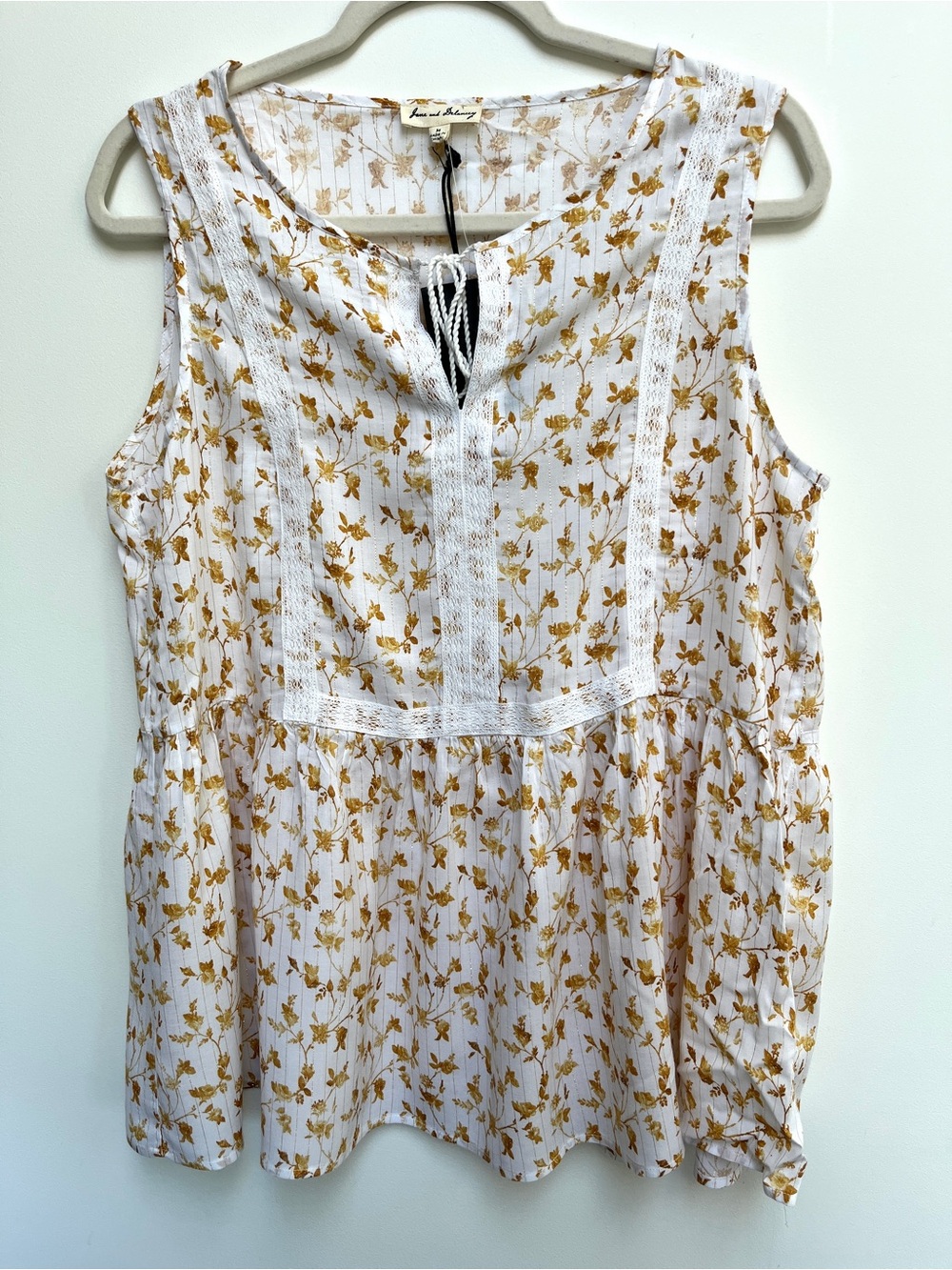 Jane and Dalancey floral blouse with gold pinstripes, size M